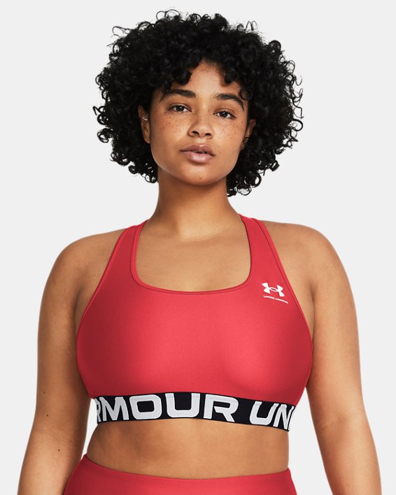 Women's HeatGear® Armour Mid Branded Sports Bra, Red, pdpMainDesktop image number 3
